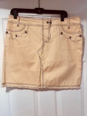 Beige Denim Mini Skirt with Contrast Stitching
